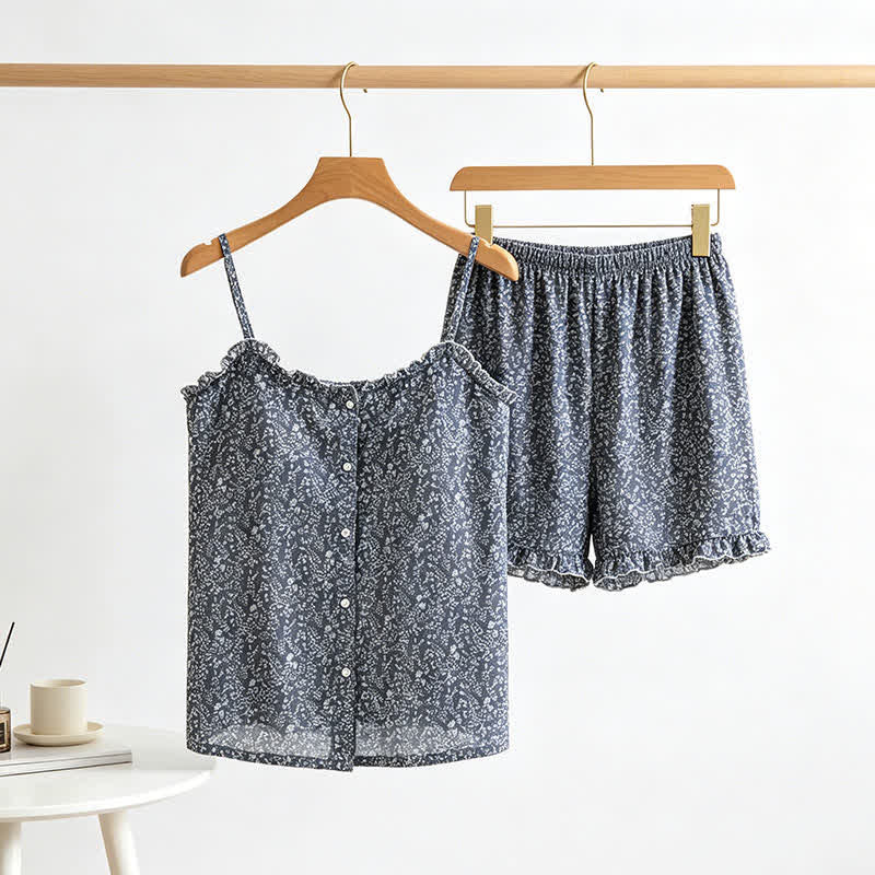 Damenpyjama mit Rüschen-Top und Blumenmuster aus Baumwolle - image 2