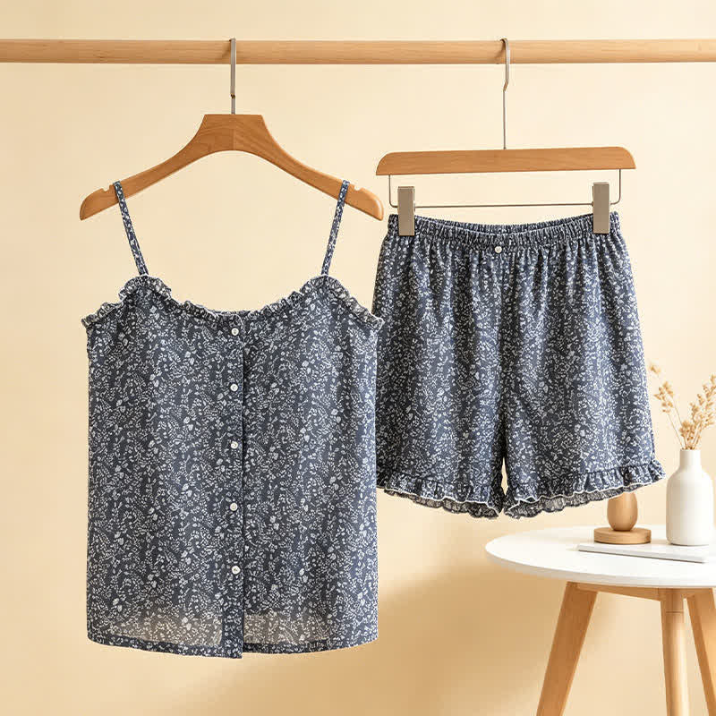 Damenpyjama mit Rüschen-Top und Blumenmuster aus Baumwolle - Grau - L - image 0