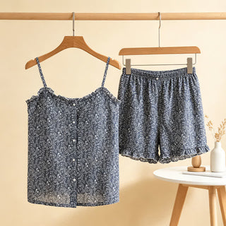 Damenpyjama mit Rüschen-Top und Blumenmuster aus Baumwolle - Grau - L - image 0
