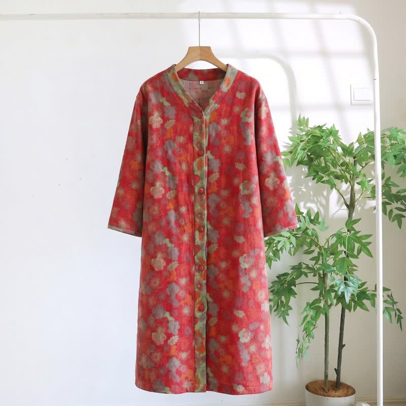 Vintage-Loungekleid aus Baumwollgaze mit Blumenmuster - Rot - XL - image 5