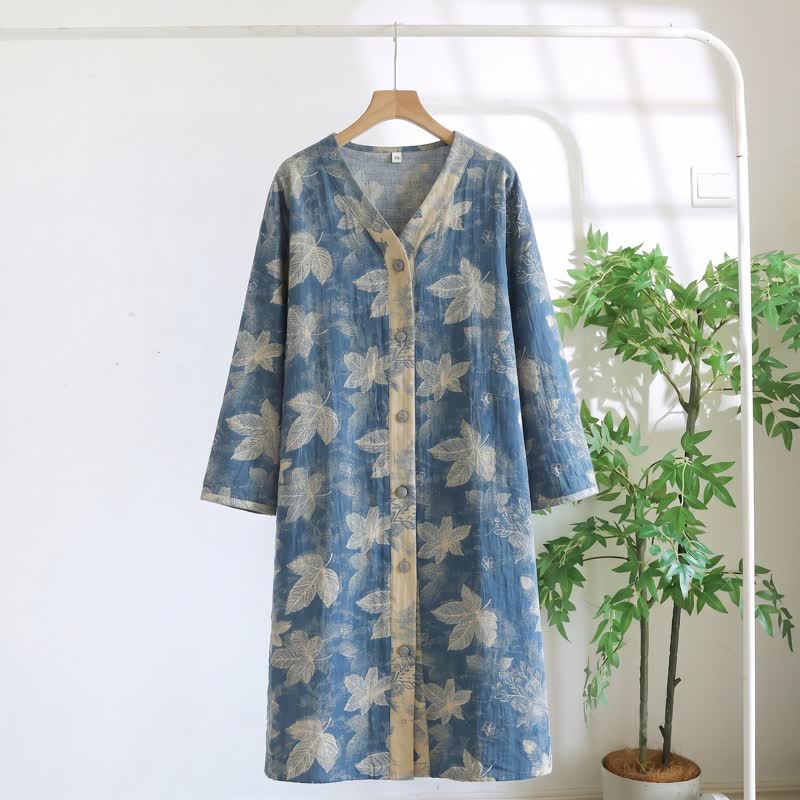 Nachthemd aus Baumwollgaze mit blauem Blattmuster - Blau - XL - image 0