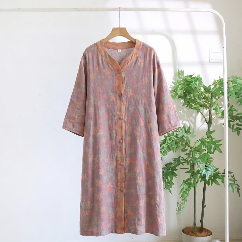 Lila geblümtes Loungekleid aus Baumwollgaze - Lila - XL - image 0