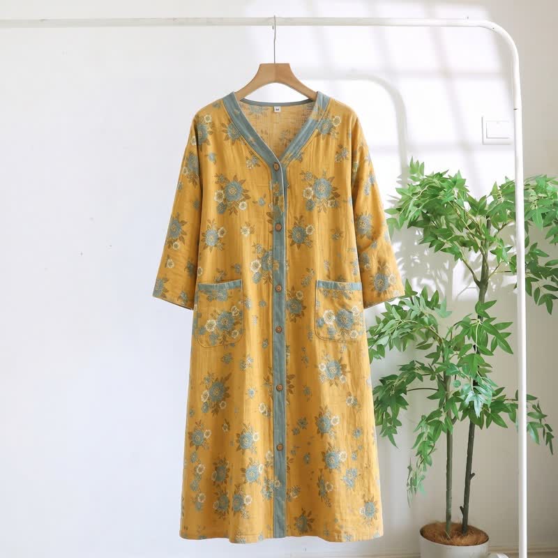 Gelbes Baumwoll-Loungedress mit Blumenmuster - Gelb - 5XL - image 0