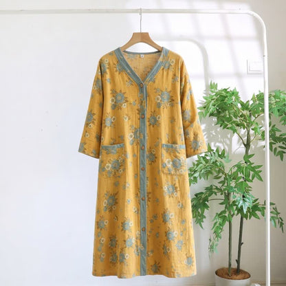 Gelbes Baumwoll-Loungedress mit Blumenmuster - Gelb - 5XL - image 0