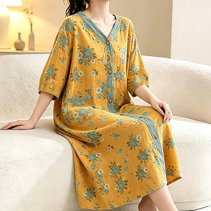 Gelbes Baumwoll-Loungedress mit Blumenmuster - image 1