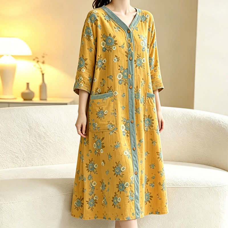 Gelbes Baumwoll-Loungedress mit Blumenmuster - image 3