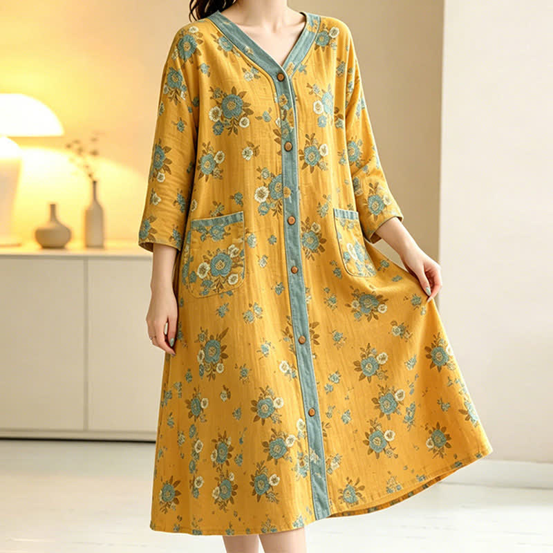 Gelbes Baumwoll-Loungedress mit Blumenmuster - image 2