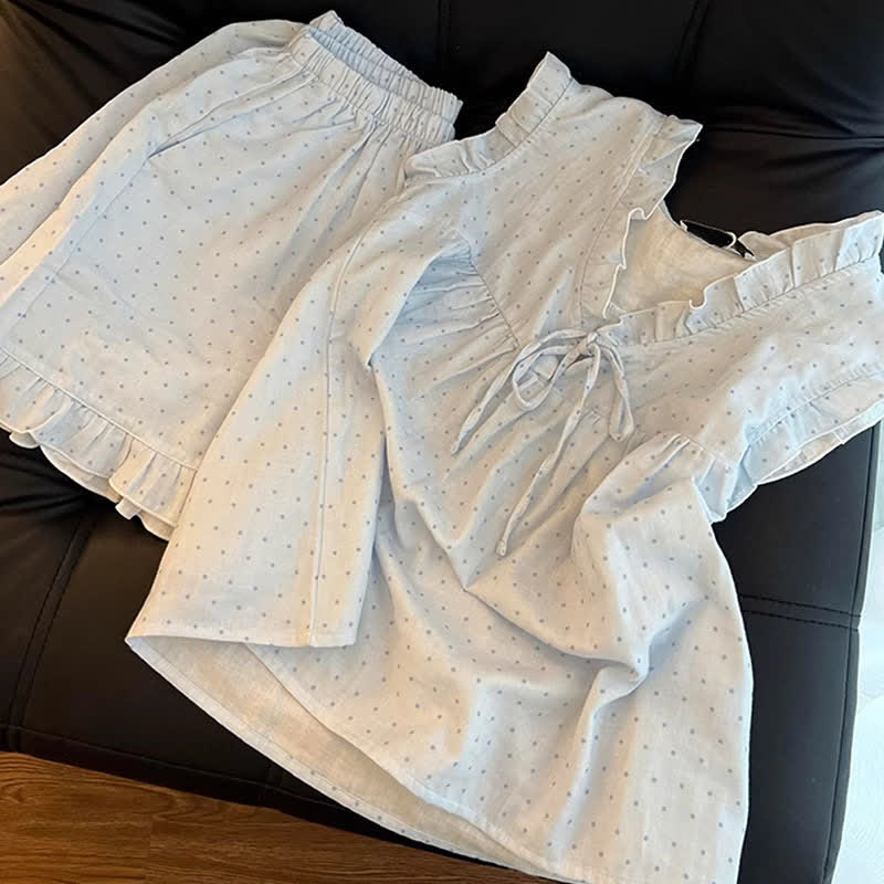 Ärmelloser Damenpyjama mit französischen Pünktchen und Rüschen - image 6