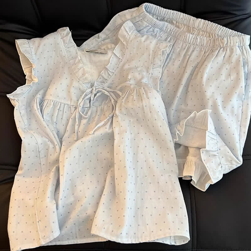 Ärmelloser Damenpyjama mit französischen Pünktchen und Rüschen - image 3