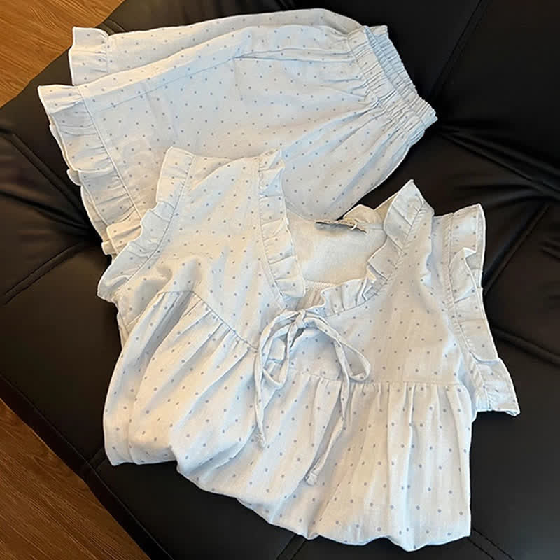 Ärmelloser Damenpyjama mit französischen Pünktchen und Rüschen - image 5
