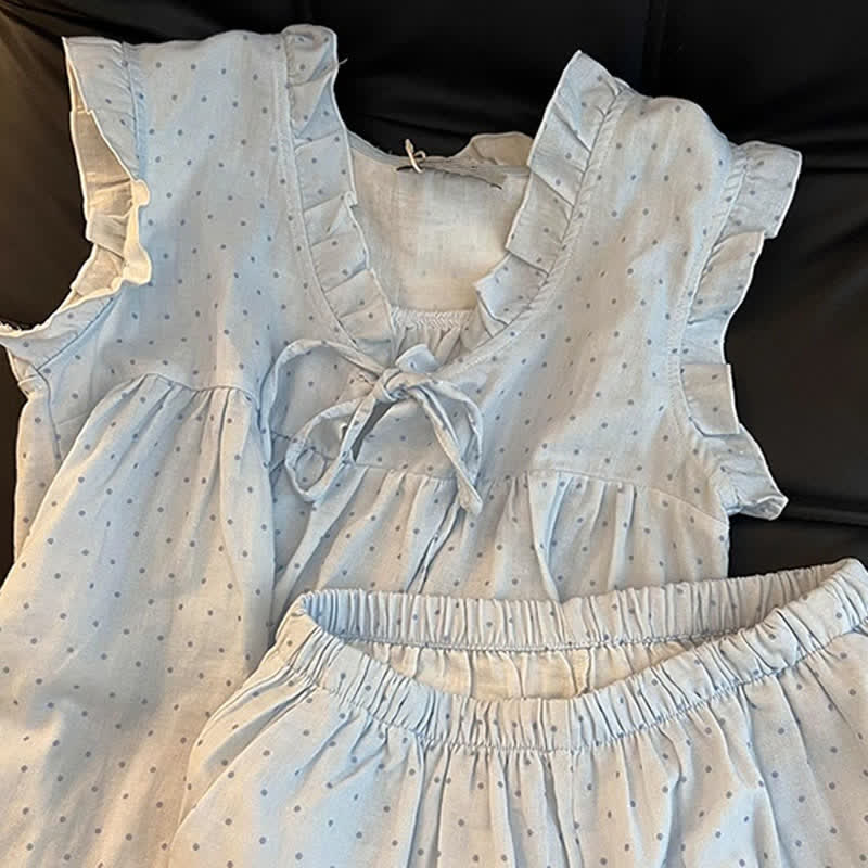 Ärmelloser Damenpyjama mit französischen Pünktchen und Rüschen - image 7