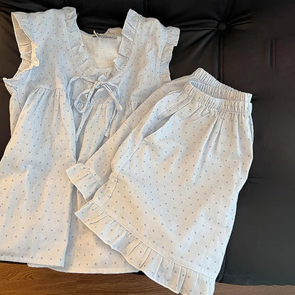 Ärmelloser Damenpyjama mit französischen Pünktchen und Rüschen - image 4