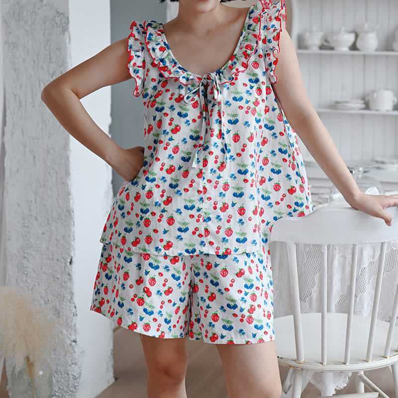 Damenpyjama aus Baumwollgaze mit Rüschen und Früchtemotiven - image 4