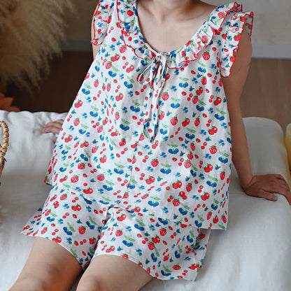 Damenpyjama aus Baumwollgaze mit Rüschen und Früchtemotiven - image 6