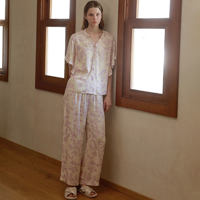 Loungewear-Set mit Lavendel-Blumenmuster und Rüschenärmeln - image 4