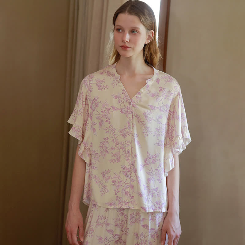 Loungewear-Set mit Lavendel-Blumenmuster und Rüschenärmeln - image 6