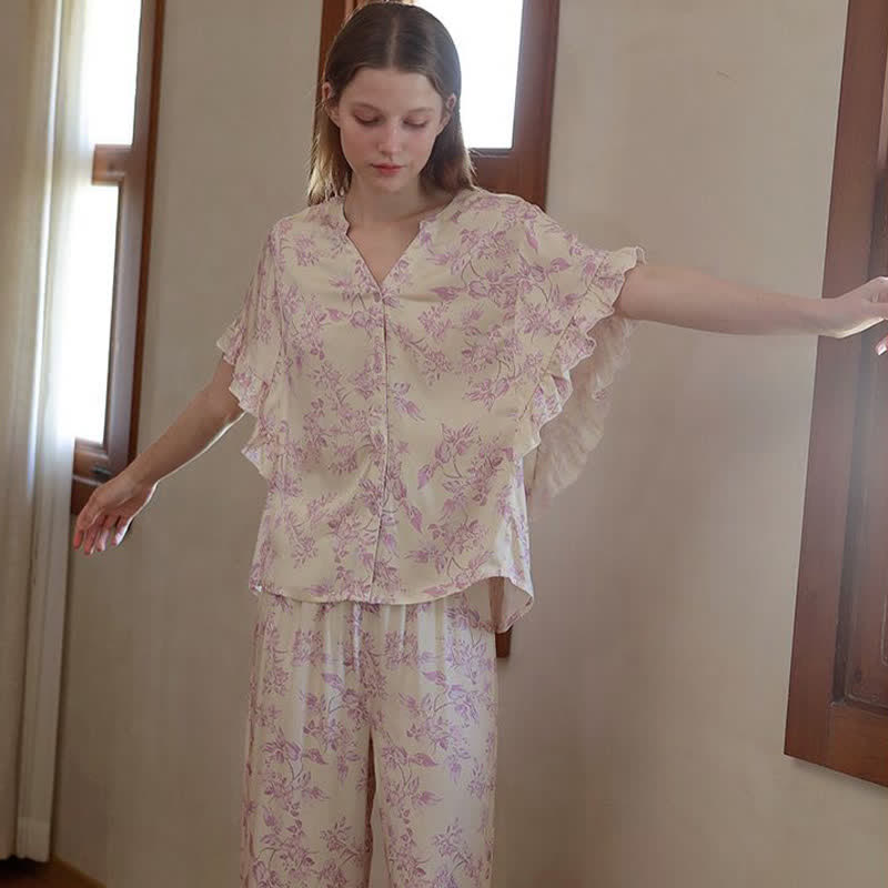 Loungewear-Set mit Lavendel-Blumenmuster und Rüschenärmeln - image 5