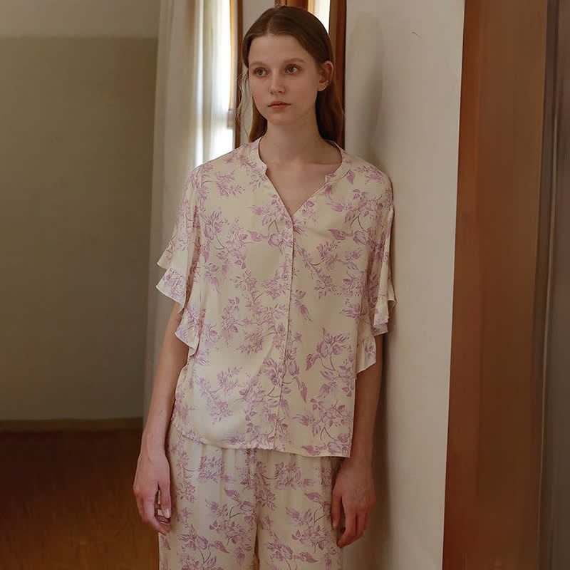 Loungewear-Set mit Lavendel-Blumenmuster und Rüschenärmeln - image 8