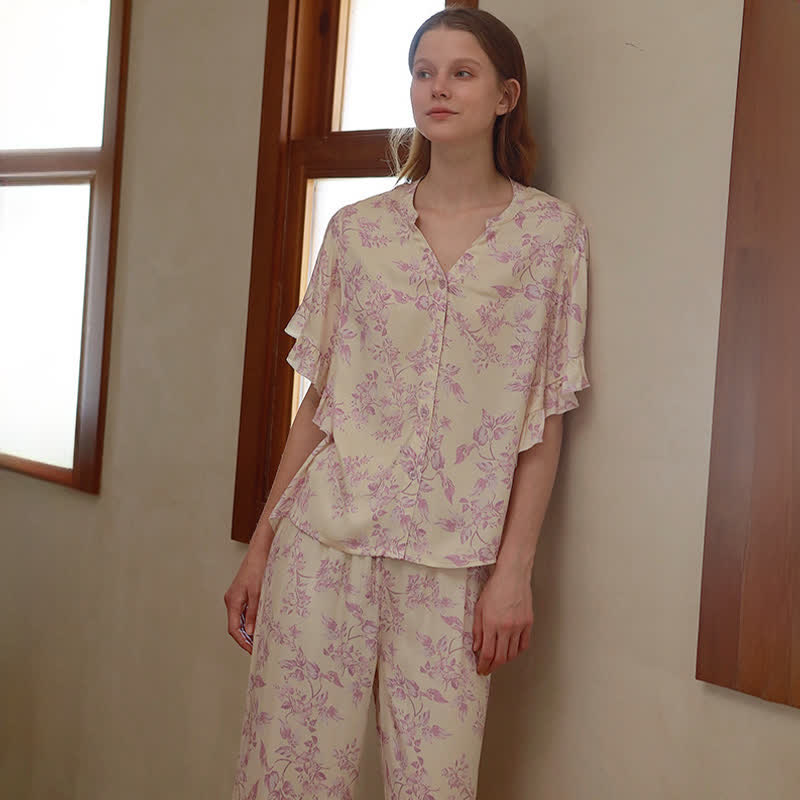 Loungewear-Set mit Lavendel-Blumenmuster und Rüschenärmeln - image 3