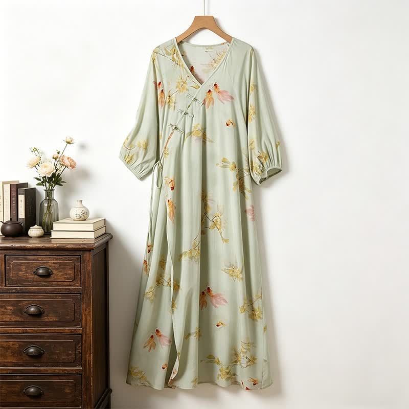 Koi & Floral Baumwoll-Maxi-Loungewear-Kleid - Grün - XL - image 0
