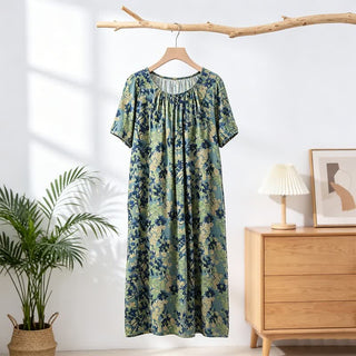 Grünes Lounge-Kleid mit Blumenmuster und gerafftem Kragen - Grün - XL - image 0