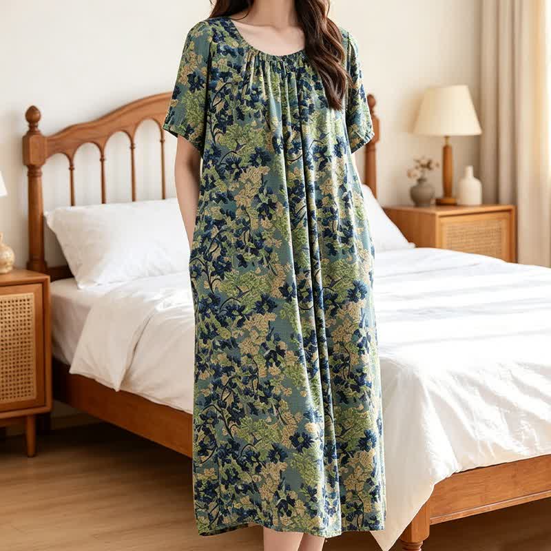 Grünes Lounge-Kleid mit Blumenmuster und gerafftem Kragen - image 2