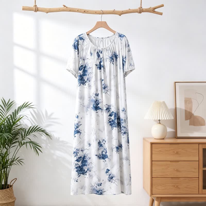 Blue Ink Style Floral Lounge Dress - Weiß - XL - image 0
