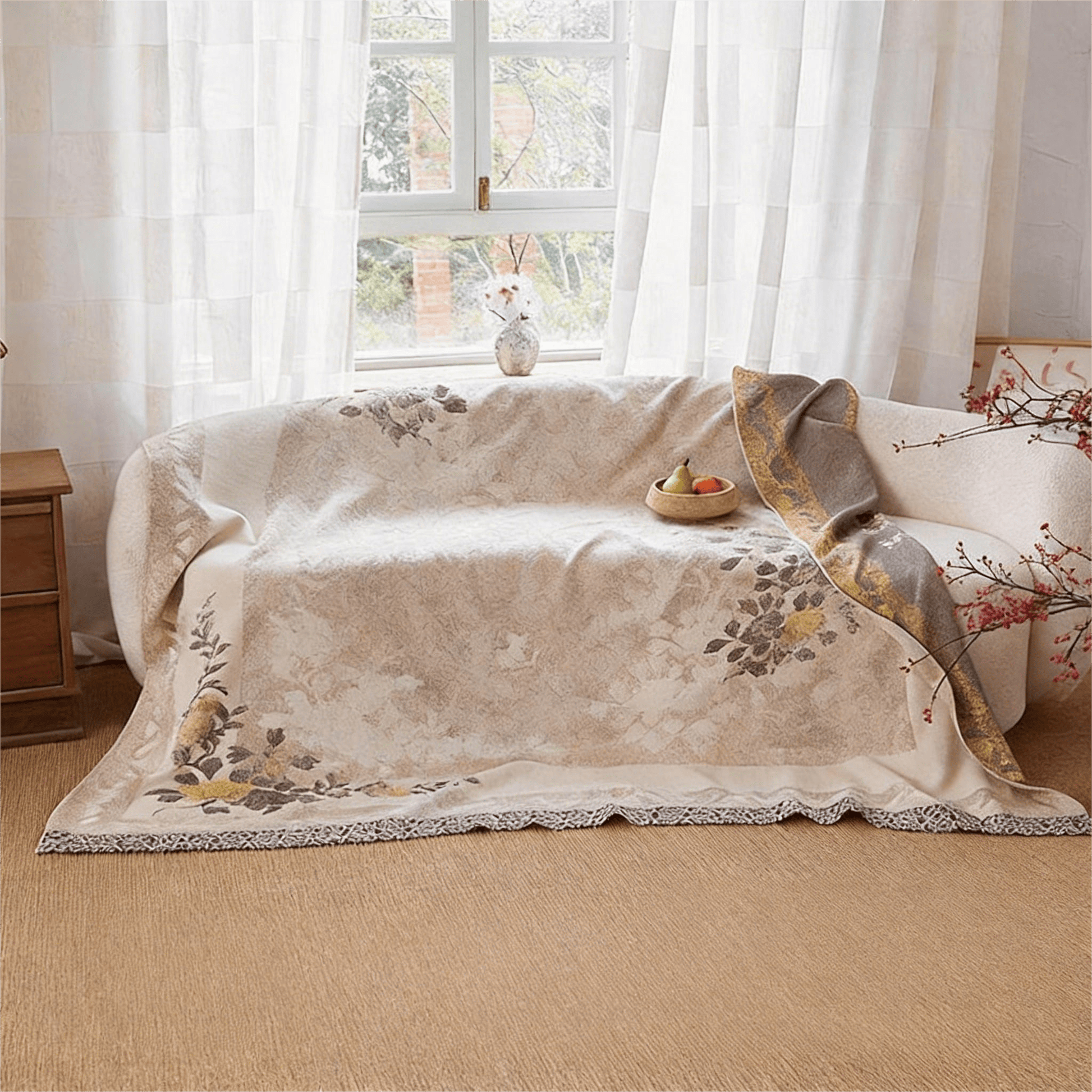 Wende-Steppdecke aus Gaze mit orientalischem Pfingstrosenmuster und Jacquard-Print - image 3