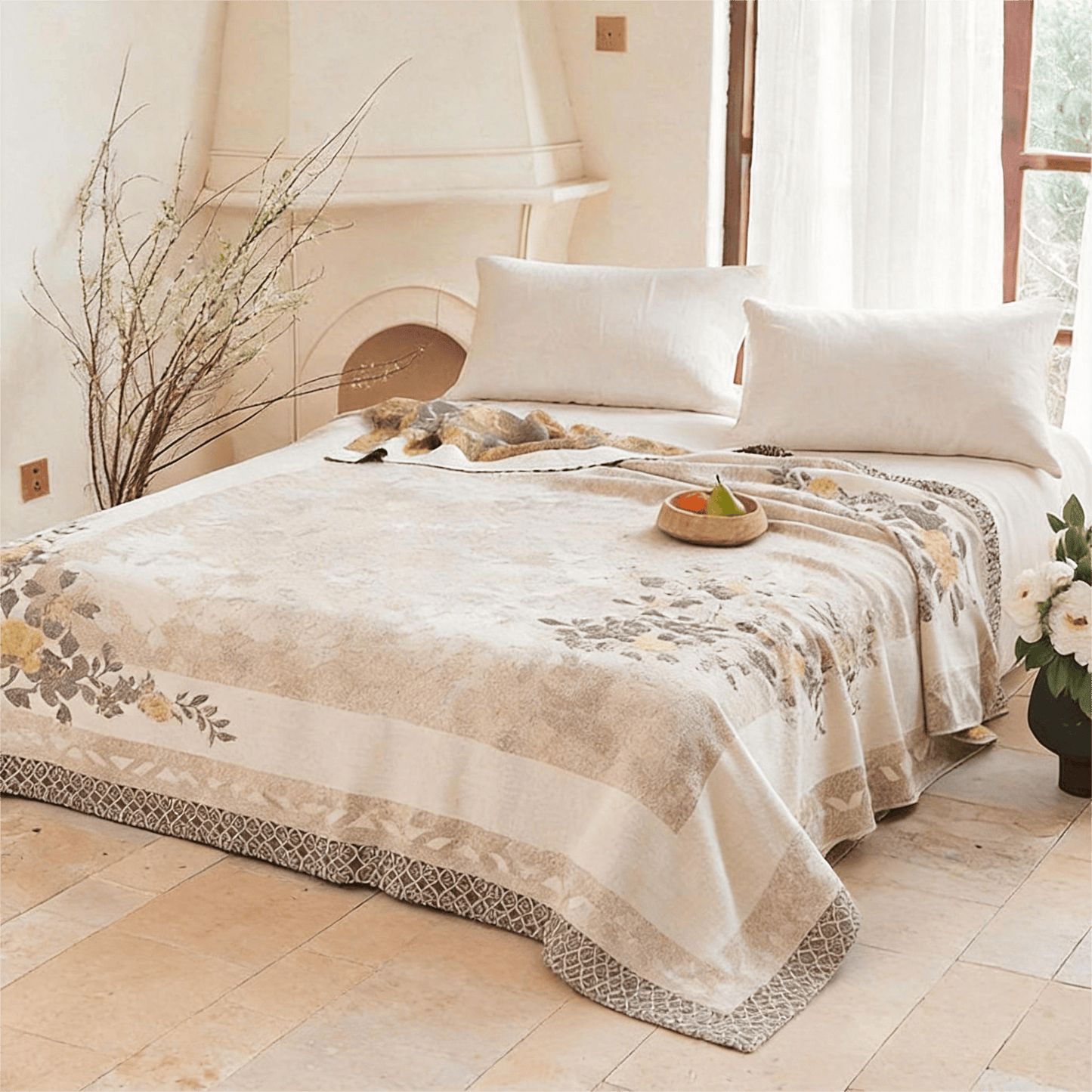 Wende-Steppdecke aus Gaze mit orientalischem Pfingstrosenmuster und Jacquard-Print - image 1