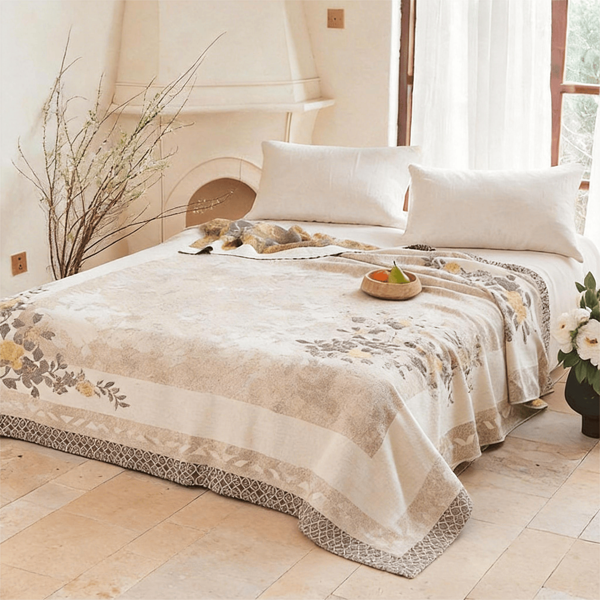Wende-Steppdecke aus Gaze mit orientalischem Pfingstrosenmuster und Jacquard-Print - image 1