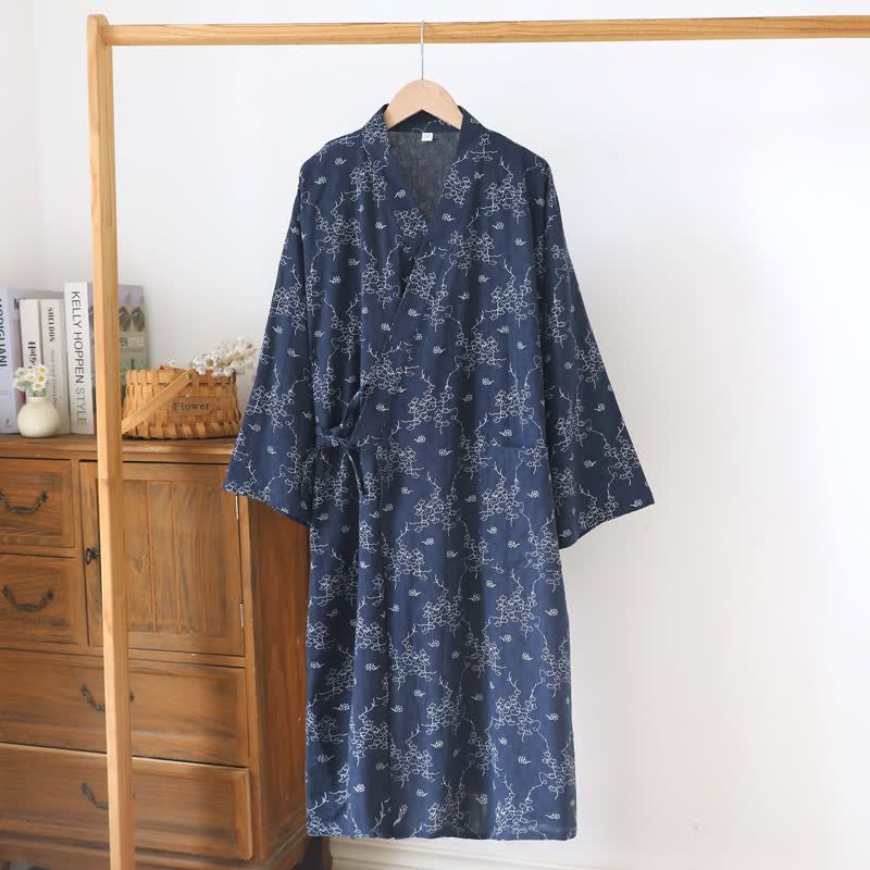 Unisex Kimono-Bademantel aus Baumwolle mit Blumenmuster - Marine - XL - image 13
