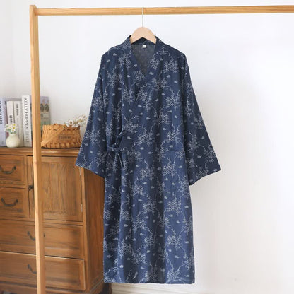 Unisex Kimono-Bademantel aus Baumwolle mit Blumenmuster - Marine - XL - image 13