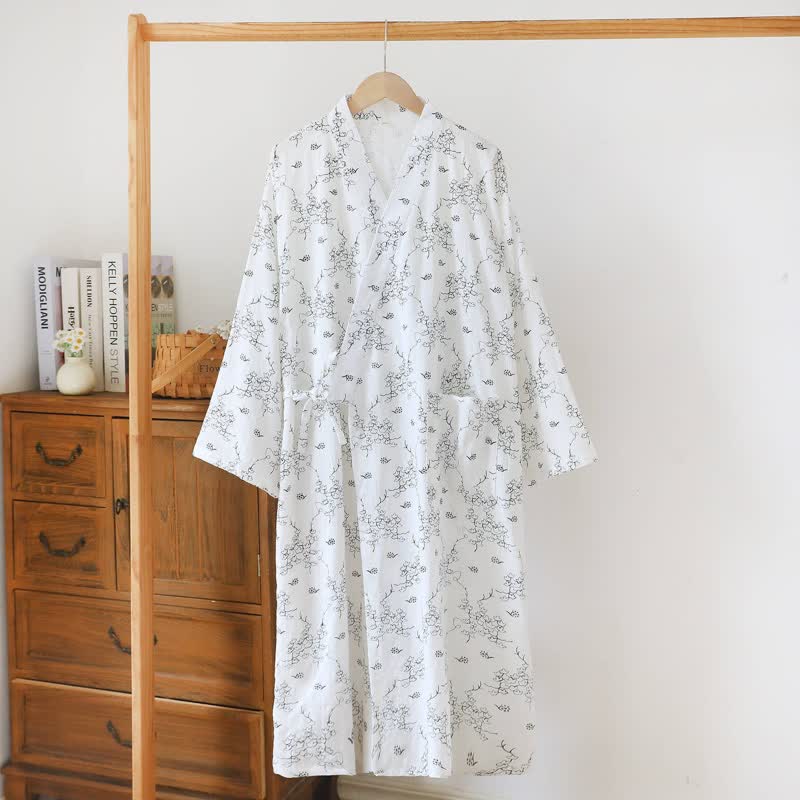 Unisex Kimono-Bademantel aus Baumwolle mit Blumenmuster - Weiß - XL - image 3