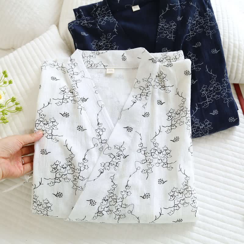 Unisex Kimono-Bademantel aus Baumwolle mit Blumenmuster - image 1