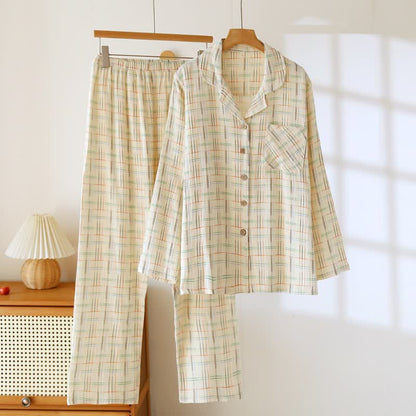 Bunte, gestreifte und karierte Baumwoll-Pyjamas - Damen: Beige - 2XL - image 8