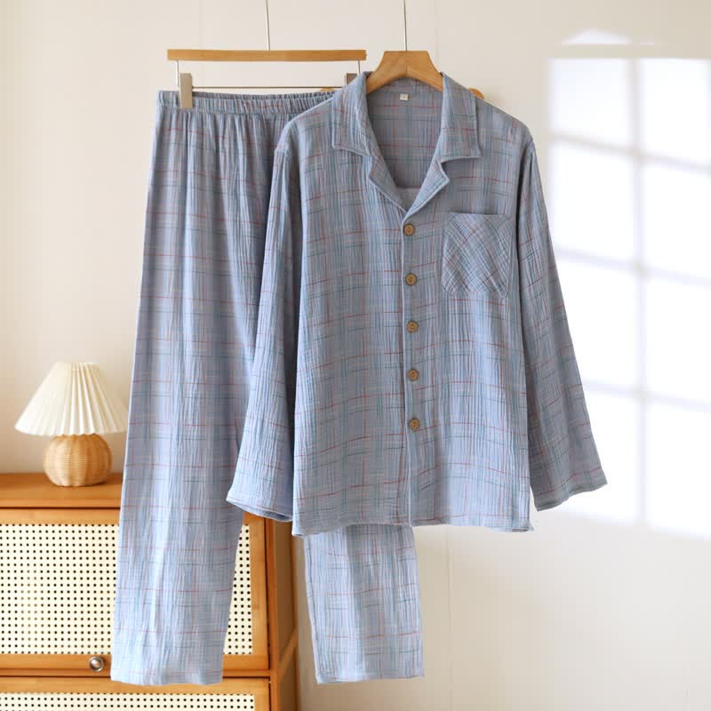 Bunte, gestreifte und karierte Baumwoll-Pyjamas - Herren: Blau - 2XL - image 25