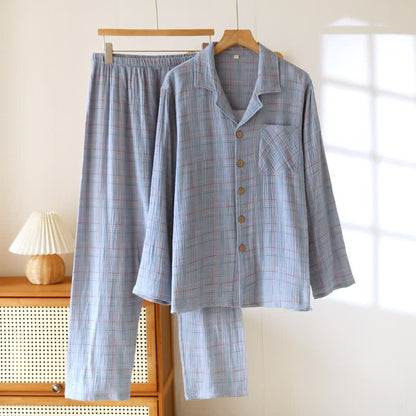 Bunte, gestreifte und karierte Baumwoll-Pyjamas - Herren: Blau - 2XL - image 25