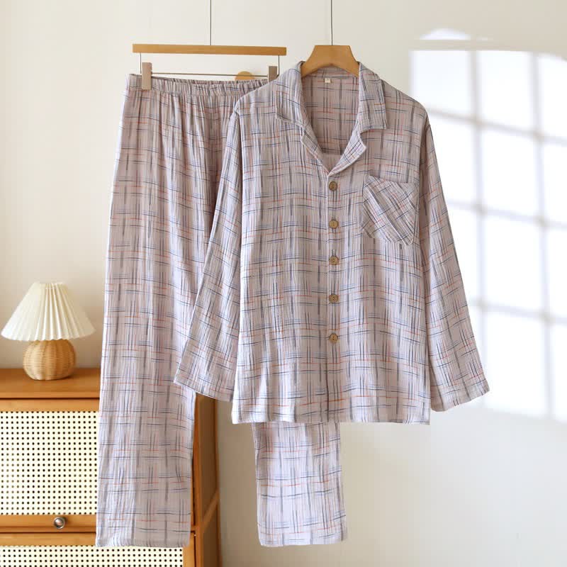 Bunte, gestreifte und karierte Baumwoll-Pyjamas - Männer: Grau - 2XL - image 17