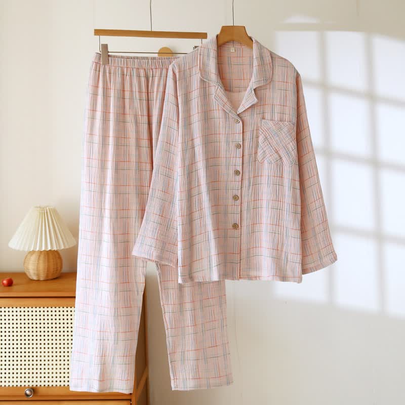 Bunte, gestreifte und karierte Baumwoll-Pyjamas - Damen: Hellrosa - 2XL - image 16