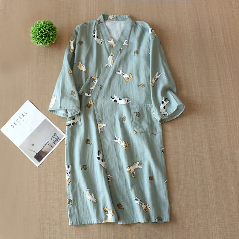 Partner-Kimono aus Baumwolle mit Katzenmotiv - Grün - Männlich - XL - image 11