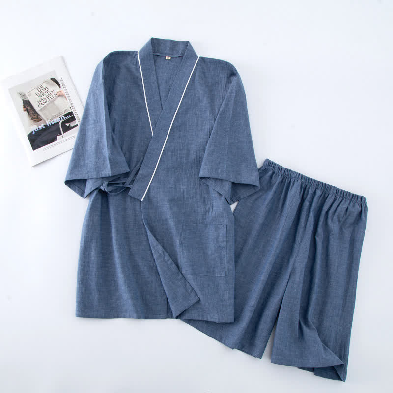 Unisex-Pyjama aus einfarbiger Baumwolle mit kurzen Ärmeln - Blau - XL - image 7
