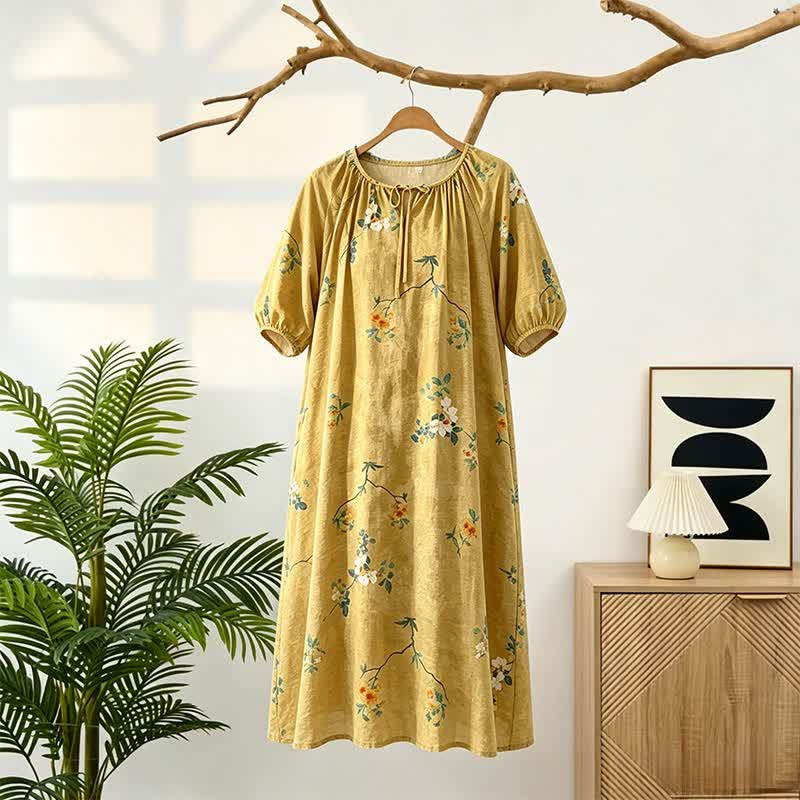 Vintage Lounge-Kleid mit Blumen- und Zweigmuster - Gelb - L - image 0