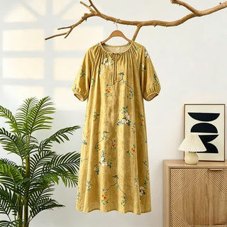 Vintage Lounge-Kleid mit Blumen- und Zweigmuster - Gelb - L - image 0
