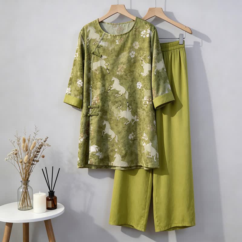 Loungewear-Set mit Pferdeprint im orientalischen Stil - Grün - M - image 0