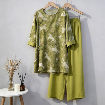 Loungewear-Set mit Pferdeprint im orientalischen Stil - Grün - M - image 0