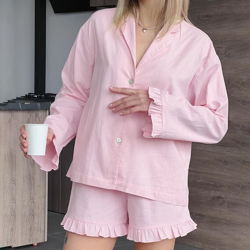 Damenpyjama aus einfarbiger Baumwolle mit Rüschenbesatz - Rosa - L - image 0
