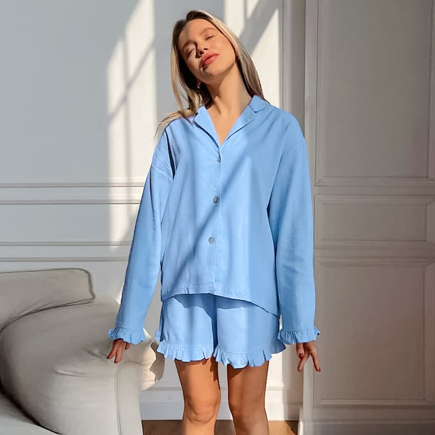 Damenpyjama aus einfarbiger Baumwolle mit Rüschenbesatz - Blau - L - image 9