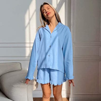 Damenpyjama aus einfarbiger Baumwolle mit Rüschenbesatz - Blau - L - image 9
