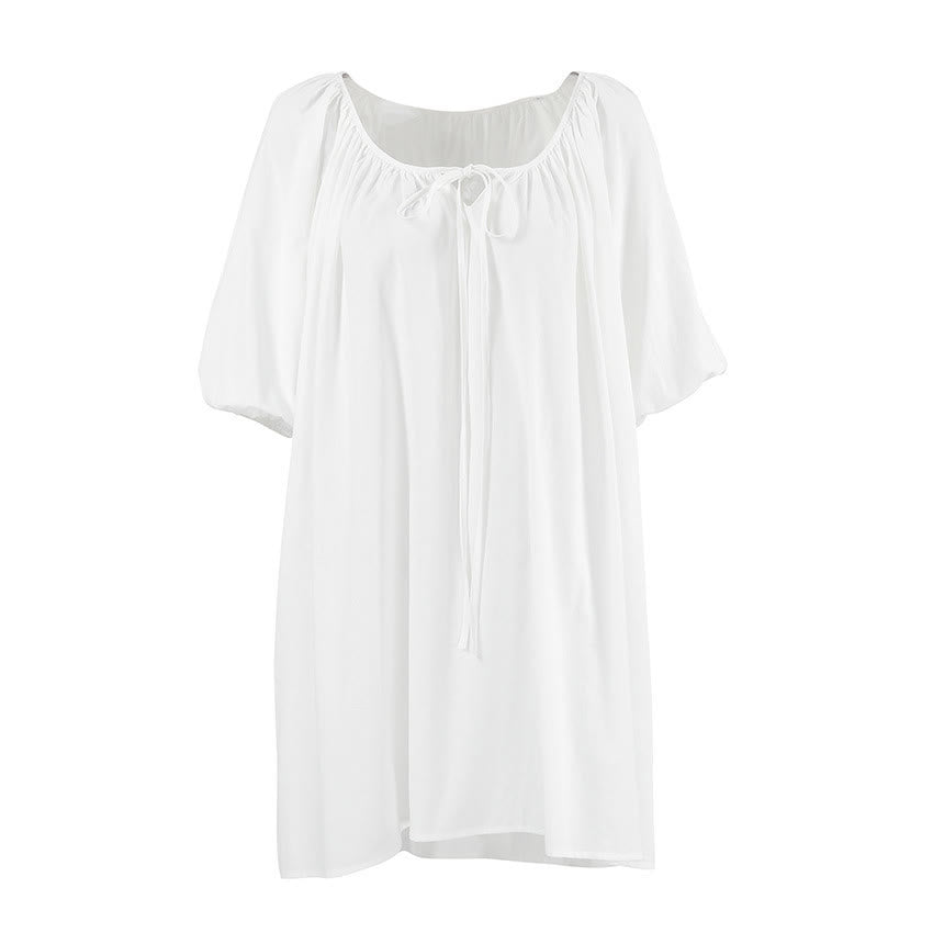 Weißes Baumwoll-Loungewear-Kleid mit Bindekragen - image 3