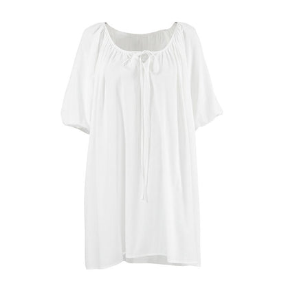 Weißes Baumwoll-Loungewear-Kleid mit Bindekragen - image 3